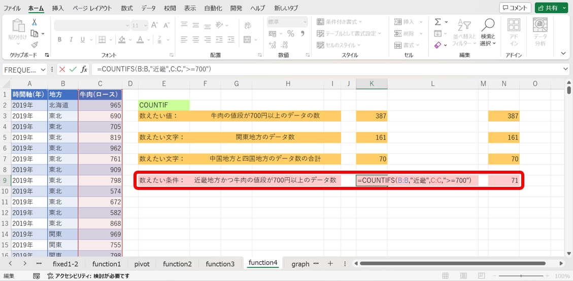 COUNTIF関数で近畿地方かつ牛肉(ロース)の価格が700円以上のセルを数える方法