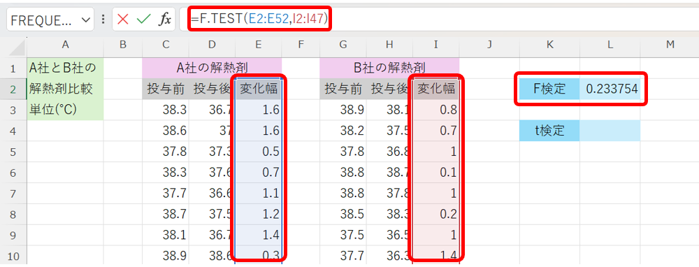 F.TEST関数の使用例