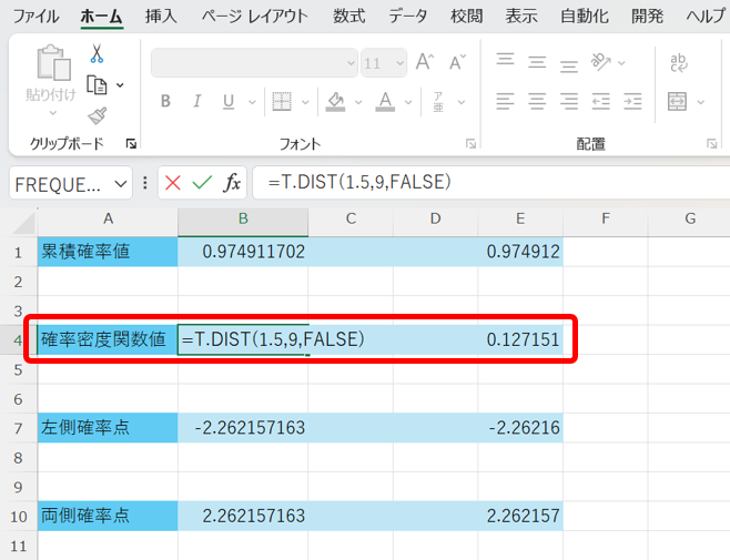 T.DIST関数の使用例(確率密度関数値)