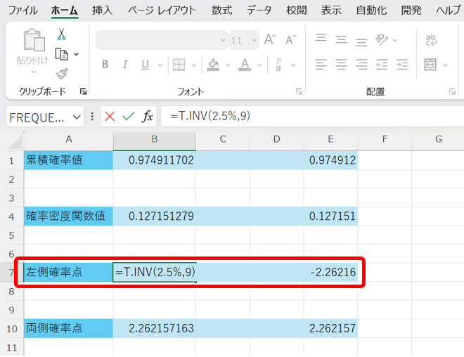 T.INV関数の使用例